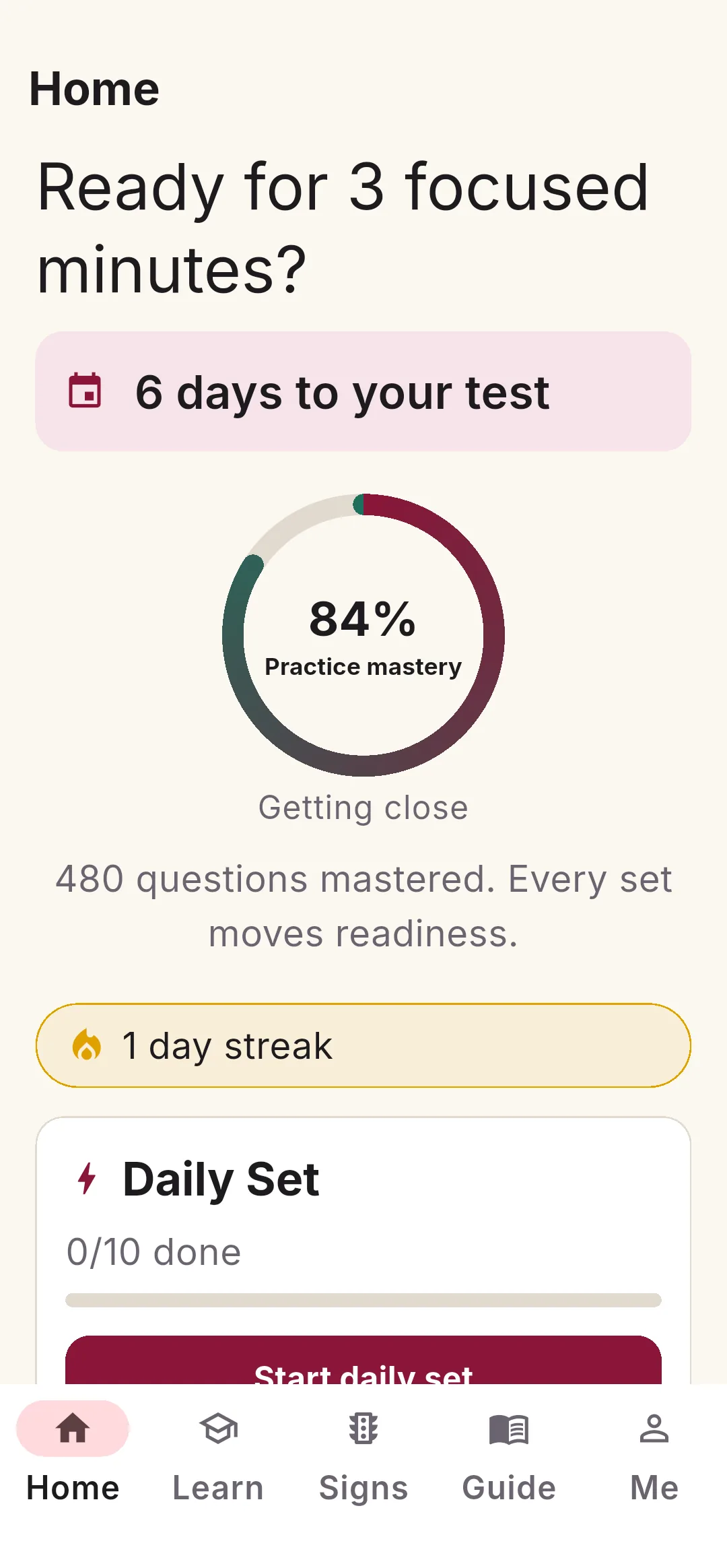 App home screen with daily practice and readiness