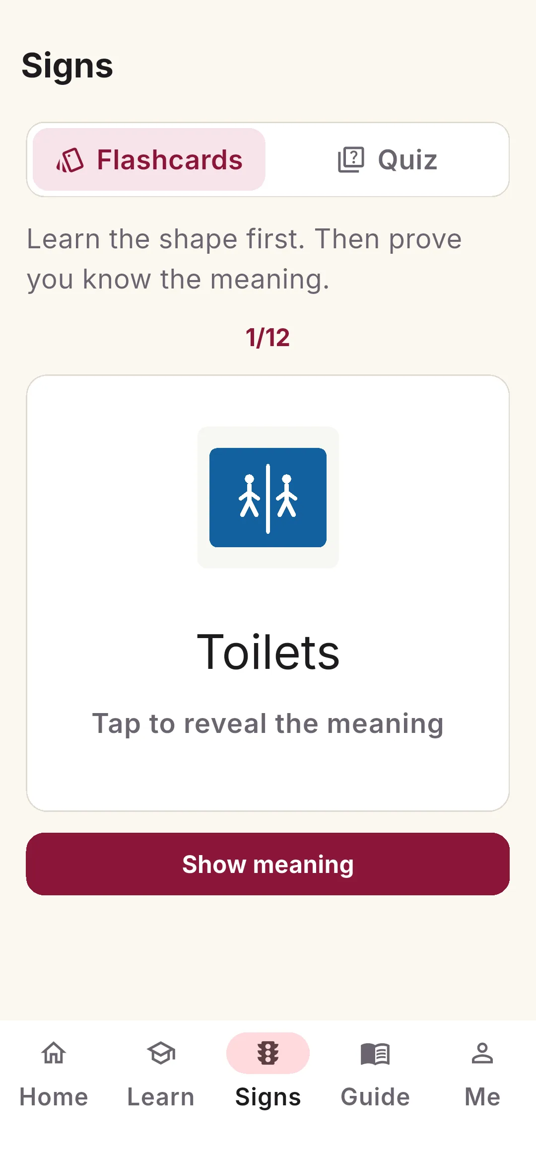 Road sign flashcards in the app