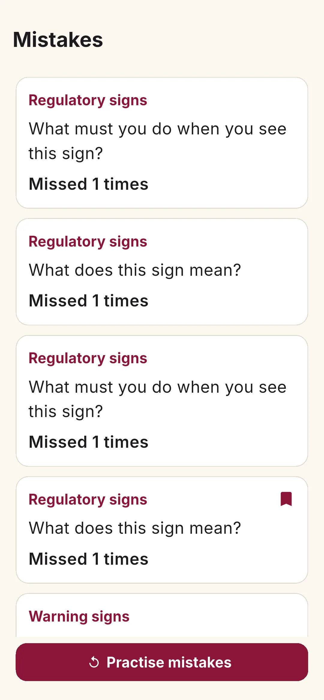 Mistakes deck for reviewing questions answered incorrectly